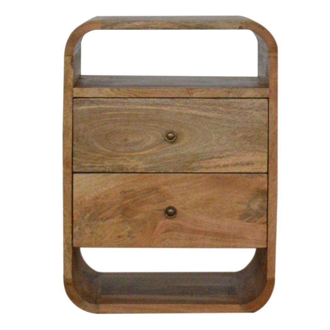 London Bedside Table | Solid Mango Wood | Oak Finish | 2 Drawer Bedroom Nightstand with Open Shelves