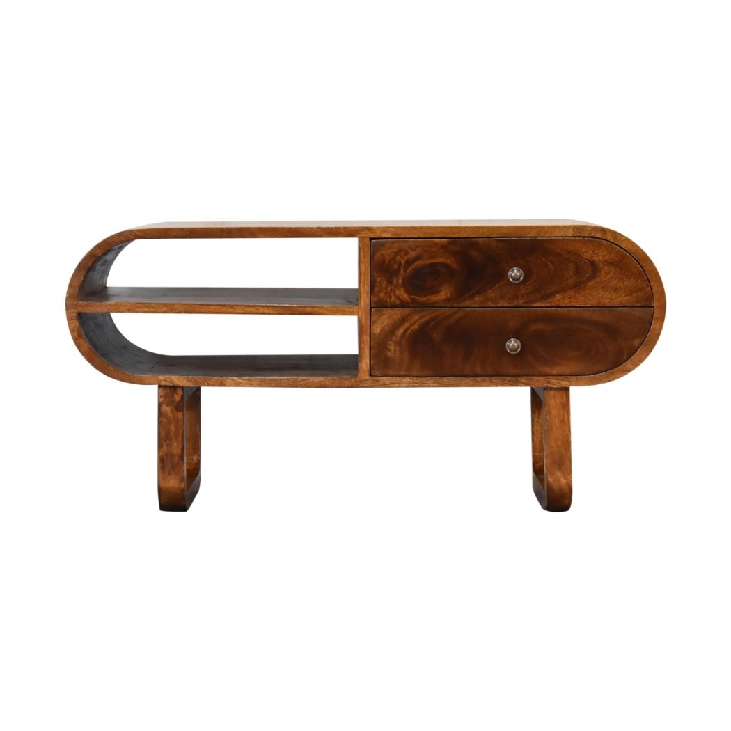 London Rounded Media Unit | Solid Mango Wood | Chestnut Finish | U-Frame Design