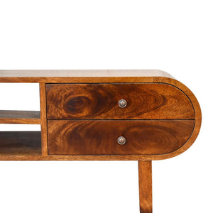 London Rounded Media Unit | Solid Mango Wood | Chestnut Finish | U-Frame Design