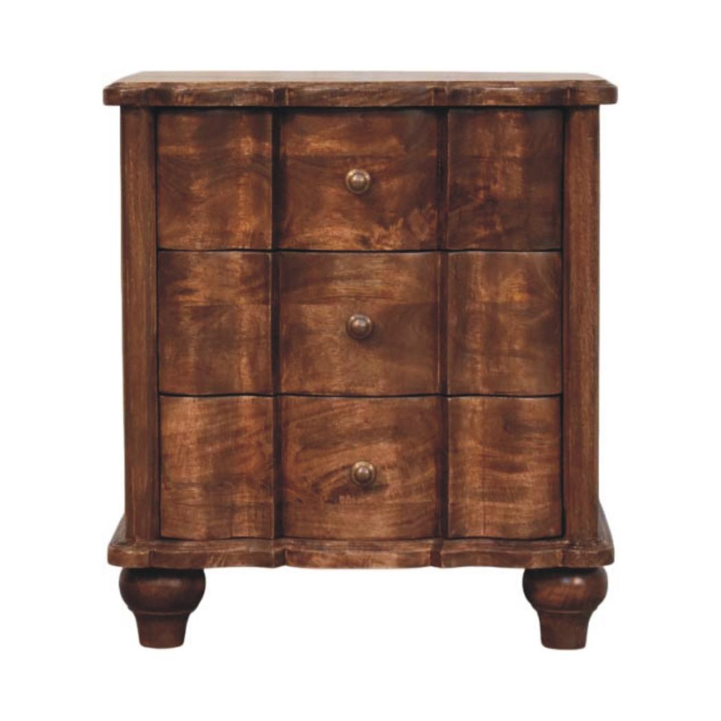 Lume Panelled Bedside Table | Solid Mango Wood | Roasted Finish | Compact Nightstand