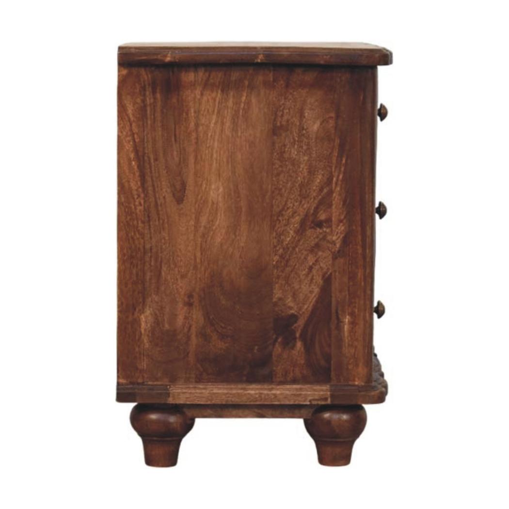 Lume Panelled Bedside Table | Solid Mango Wood | Roasted Finish | Compact Nightstand