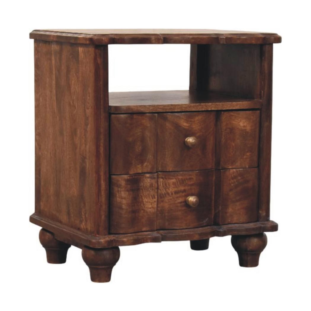 Lume Roasted Open Bedside Table | Solid Mango Wood | Roasted Almond Finish | 2 Drawer Nightstand with Open Shelf