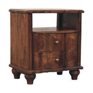 Lume Roasted Open Bedside Table | Solid Mango Wood | Roasted Almond Finish | 2 Drawer Nightstand with Open Shelf