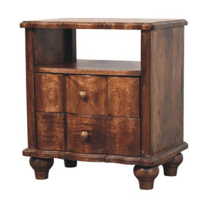 Lume Roasted Open Bedside Table | Solid Mango Wood | Roasted Almond Finish | 2 Drawer Nightstand with Open Shelf