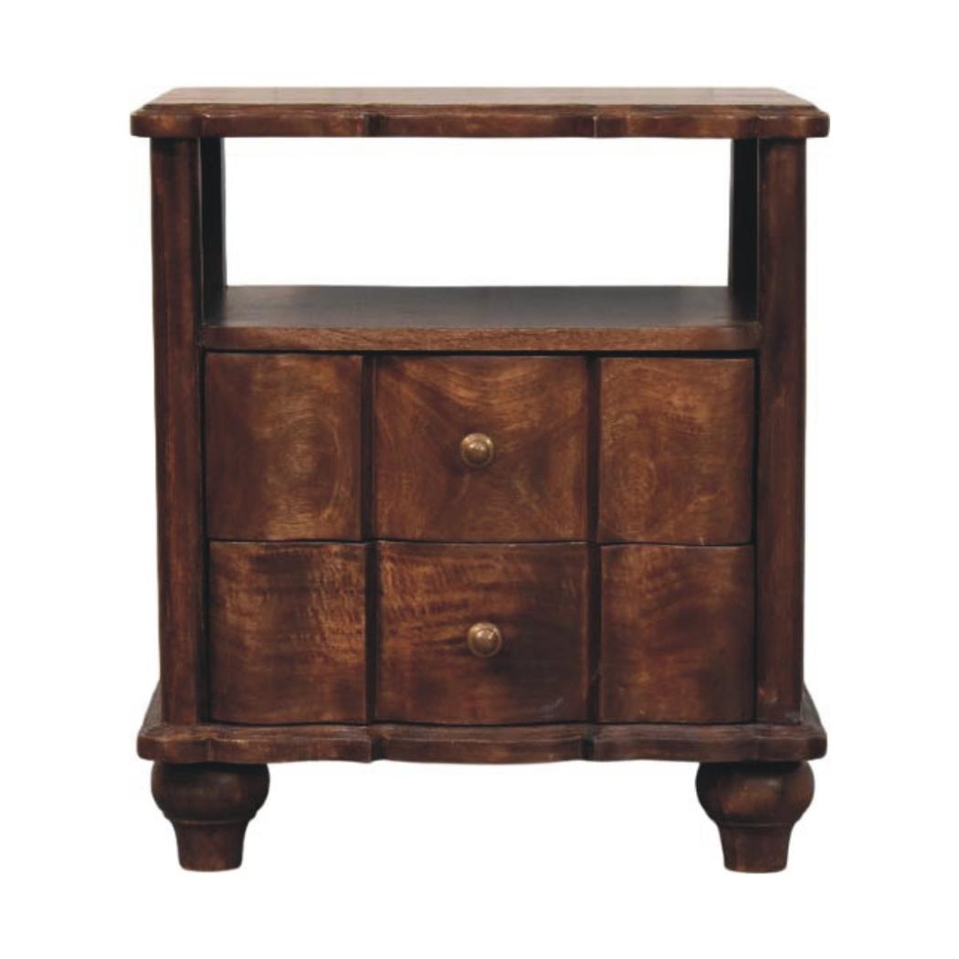 Lume Roasted Open Bedside Table | Solid Mango Wood | Roasted Almond Finish | 2 Drawer Nightstand with Open Shelf