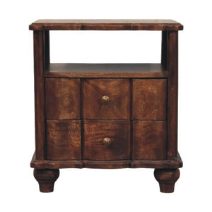 Lume Roasted Open Bedside Table | Solid Mango Wood | Roasted Almond Finish | 2 Drawer Nightstand with Open Shelf
