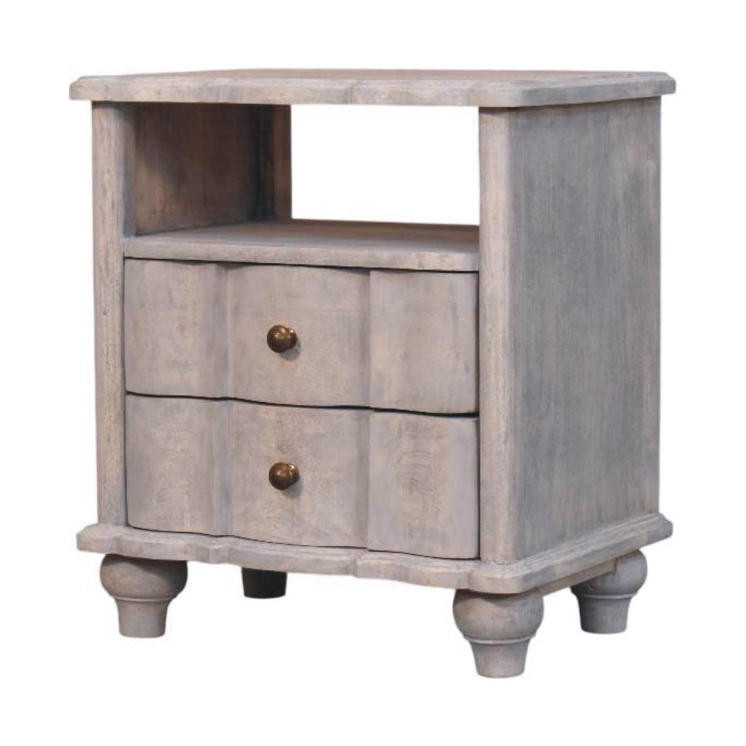 Lume Washed Open Shelf Bedside Table | Solid Mango Wood | Acid Wash Finish | 2 Drawer Nightstand with Open Shelf