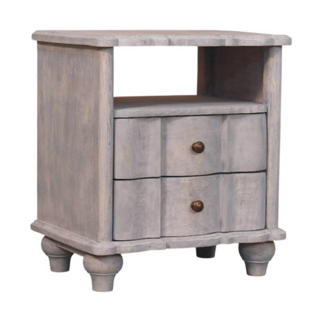 Lume Washed Open Shelf Bedside Table | Solid Mango Wood | Acid Wash Finish | 2 Drawer Nightstand with Open Shelf