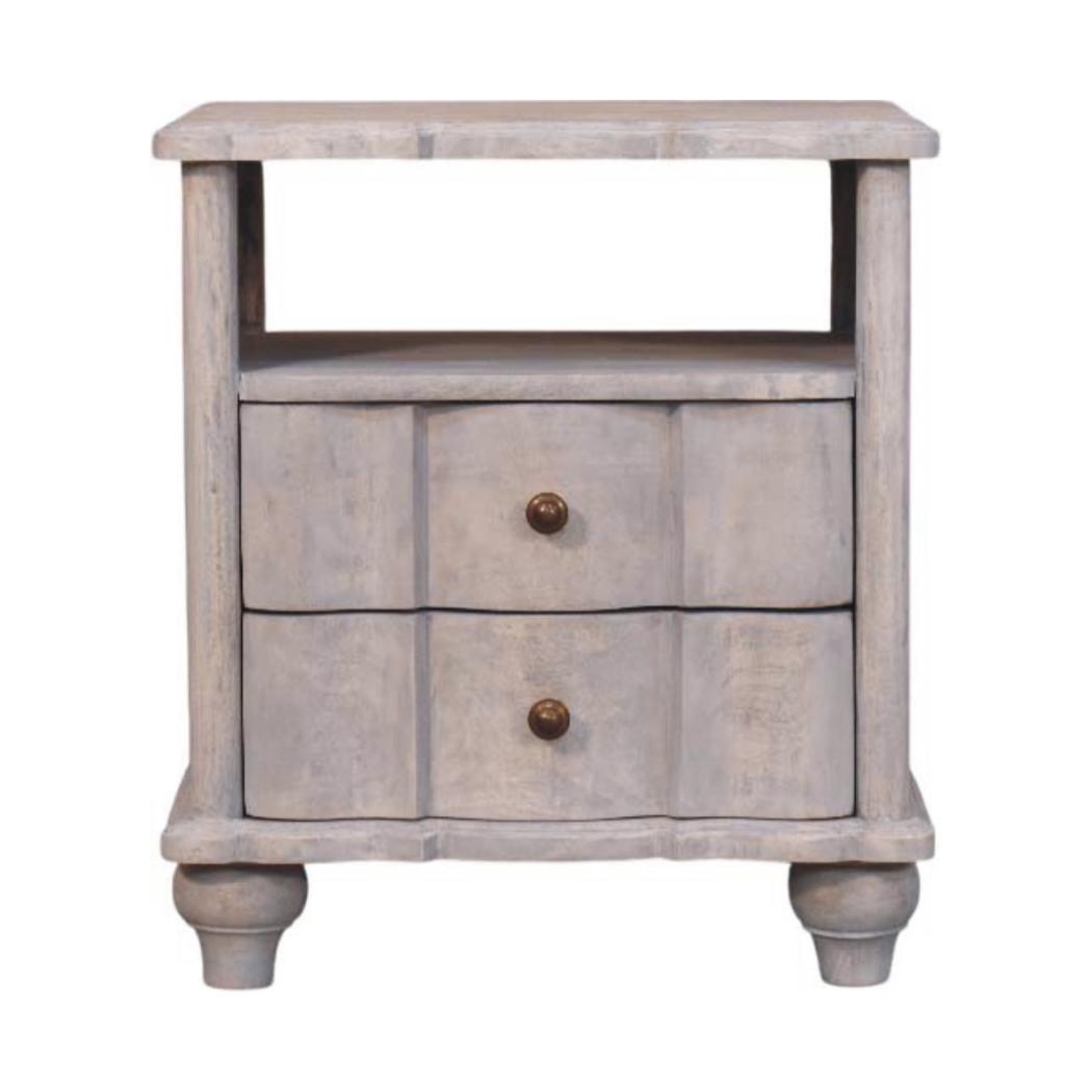 Lume Washed Open Shelf Bedside Table | Solid Mango Wood | Acid Wash Finish | 2 Drawer Nightstand with Open Shelf