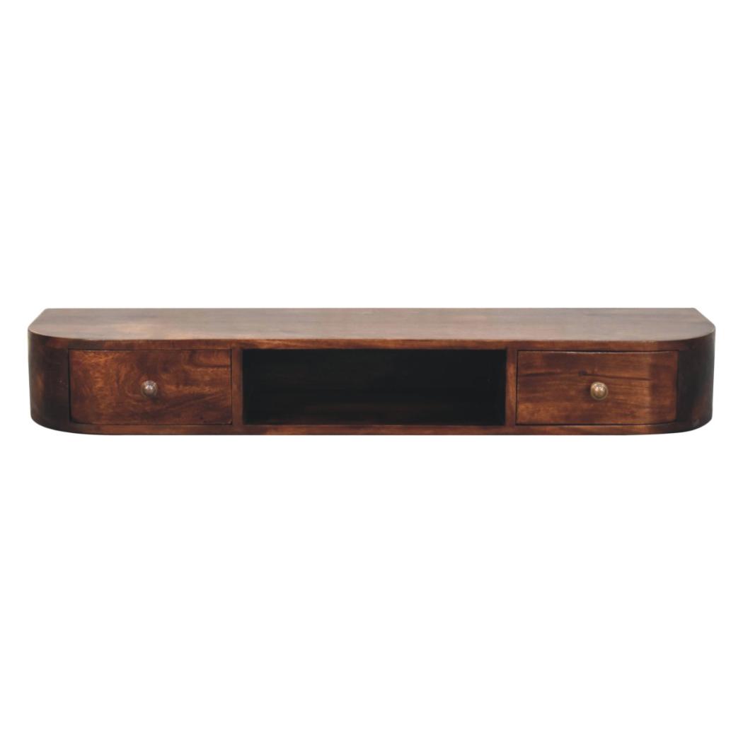Lunar Wall-Mounted Console | Solid Mango Wood | Chestnut Finish | 2 Drawers