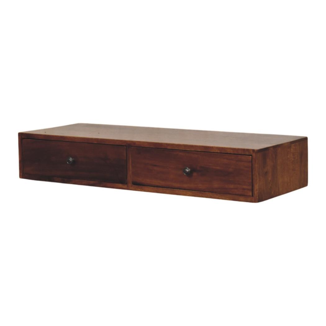 Lunar Wall-Mounted Console Table | Solid Mango Wood | Chestnut Finish | 2 Drawers