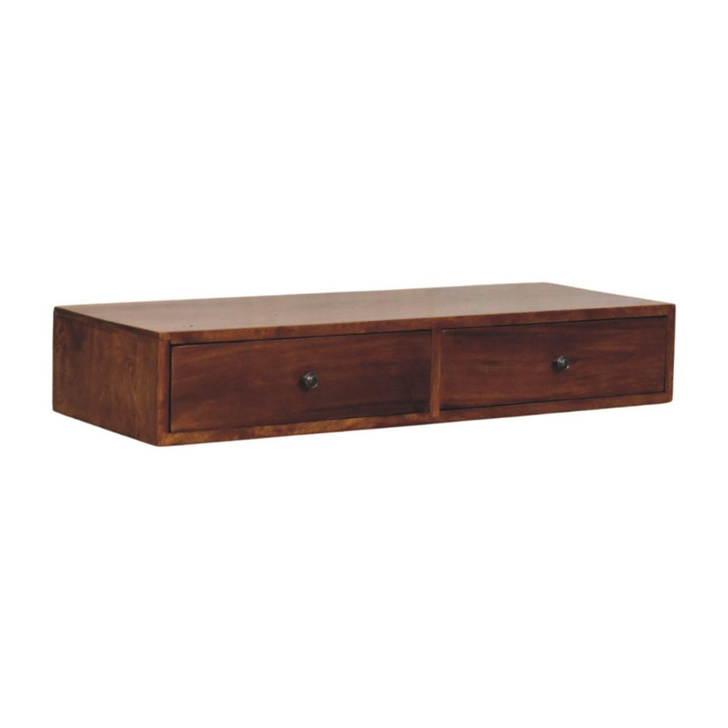Lunar Wall-Mounted Console Table | Solid Mango Wood | Chestnut Finish | 2 Drawers
