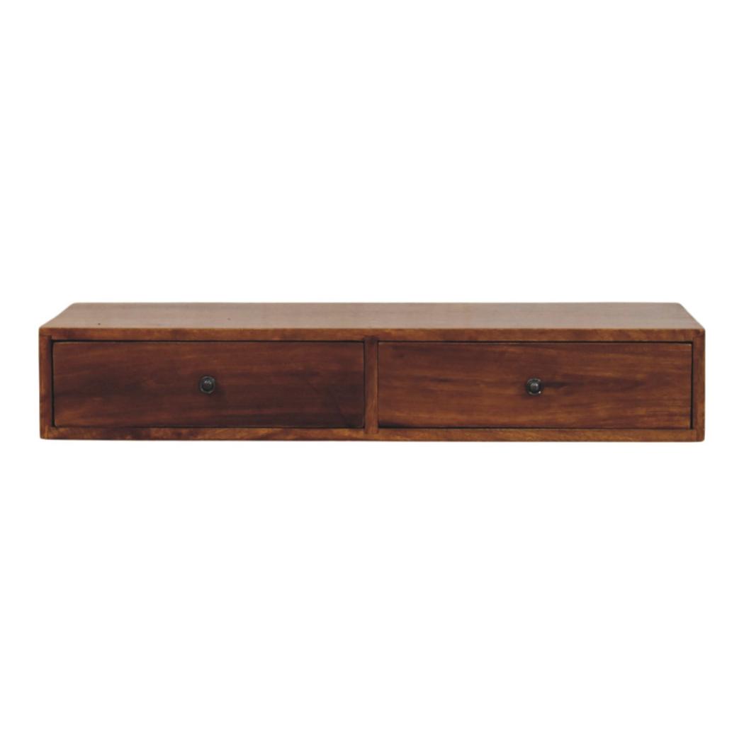 Lunar Wall-Mounted Console Table | Solid Mango Wood | Chestnut Finish | 2 Drawers