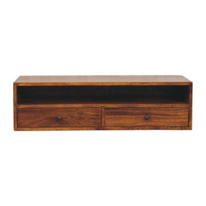 Lunar Wall-Mounted TV Unit | Solid Mango Wood | Chestnut Finish | 2 Drawers