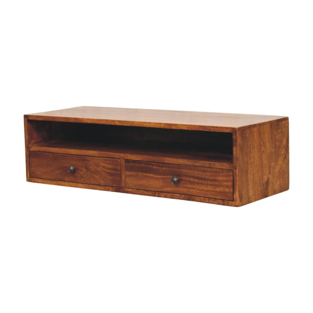 Lunar Wall-Mounted TV Unit | Solid Mango Wood | Chestnut Finish | 2 Drawers