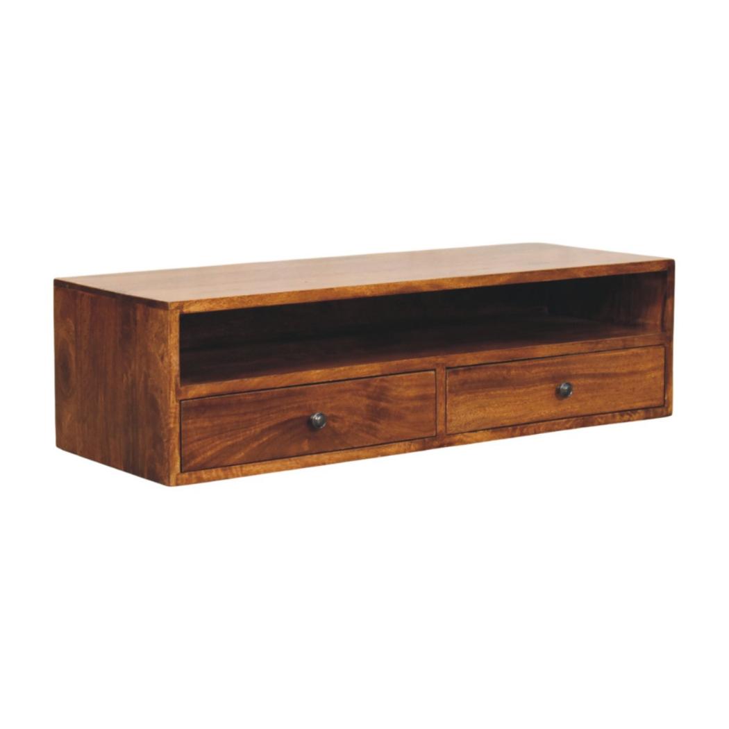 Lunar Wall-Mounted TV Unit | Solid Mango Wood | Chestnut Finish | 2 Drawers