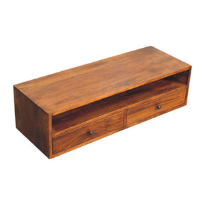 Lunar Wall-Mounted TV Unit | Solid Mango Wood | Chestnut Finish | 2 Drawers