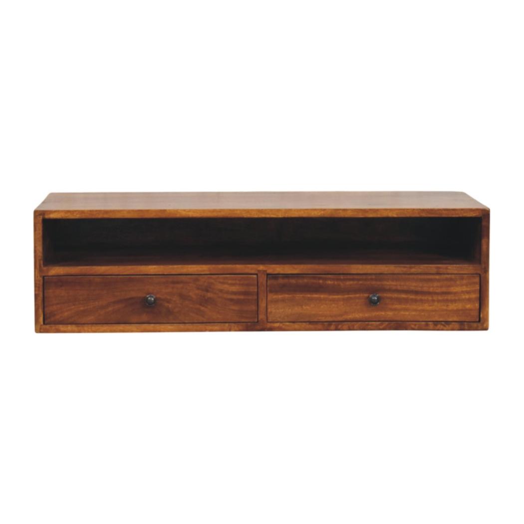Lunar Wall-Mounted TV Unit | Solid Mango Wood | Chestnut Finish | 2 Drawers