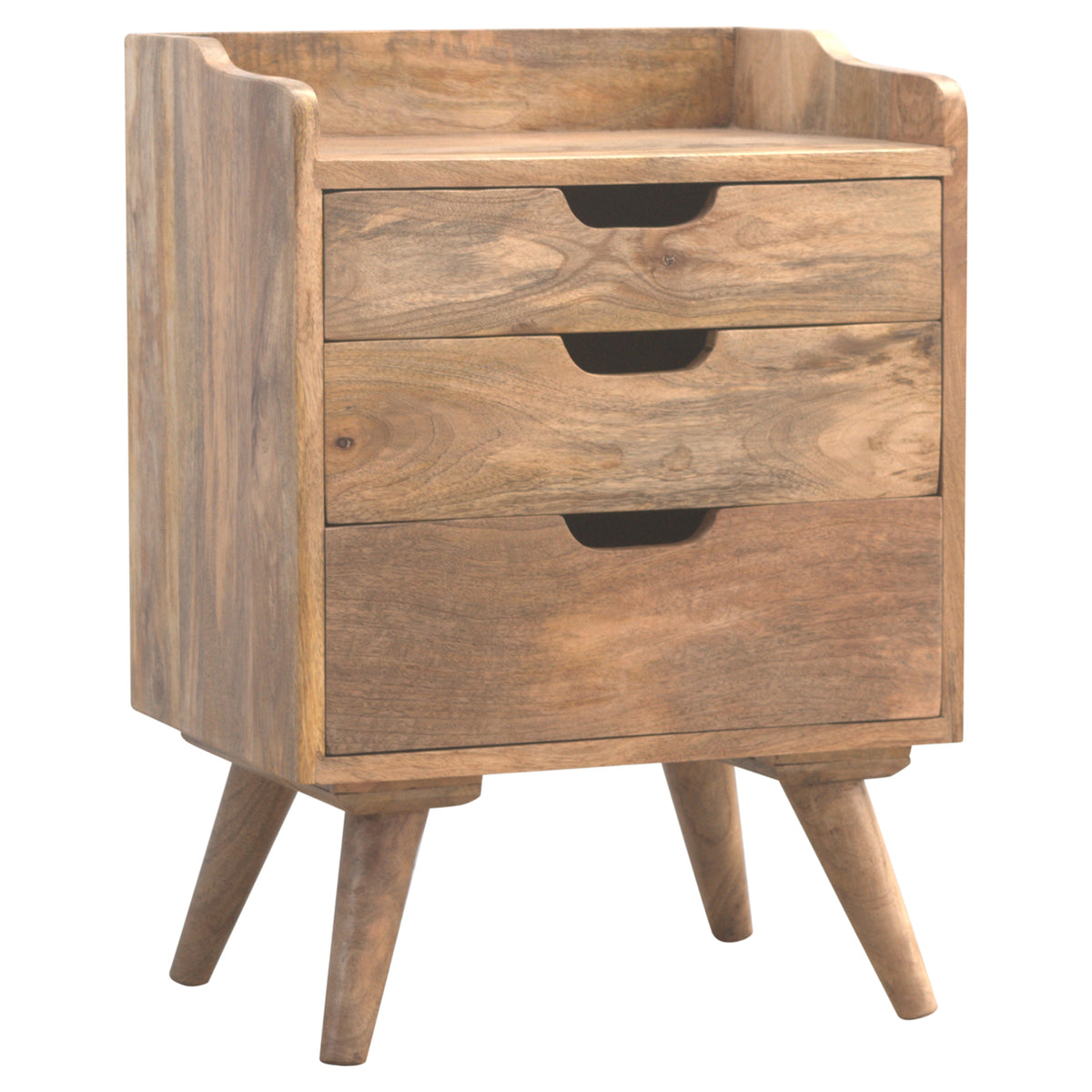 Solid Mango Wood Bedside Table | 3 Drawers | Gallery Back