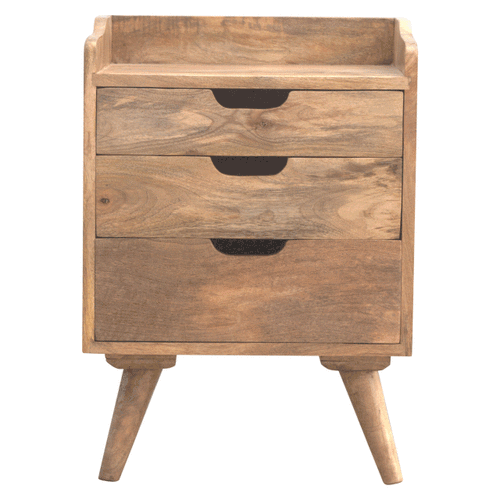 Solid Mango Wood Bedside Table | 3 Drawers | Gallery Back