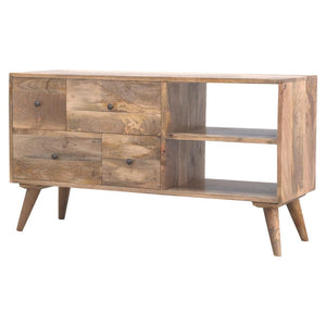 Solid Mango Wood Media Unit | 4 Drawers | Twin Open Shelves