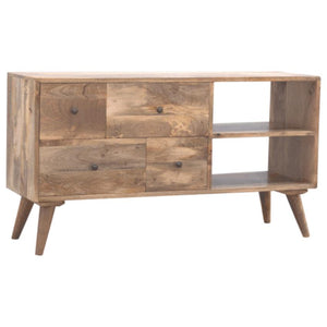 Solid Mango Wood Media Unit | 4 Drawers | Twin Open Shelves
