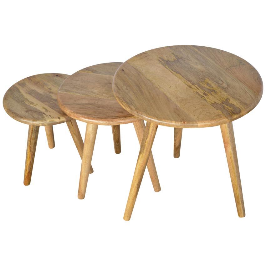 Mango Wood Nesting Stools | Set of 3 | Oak-Style Finish