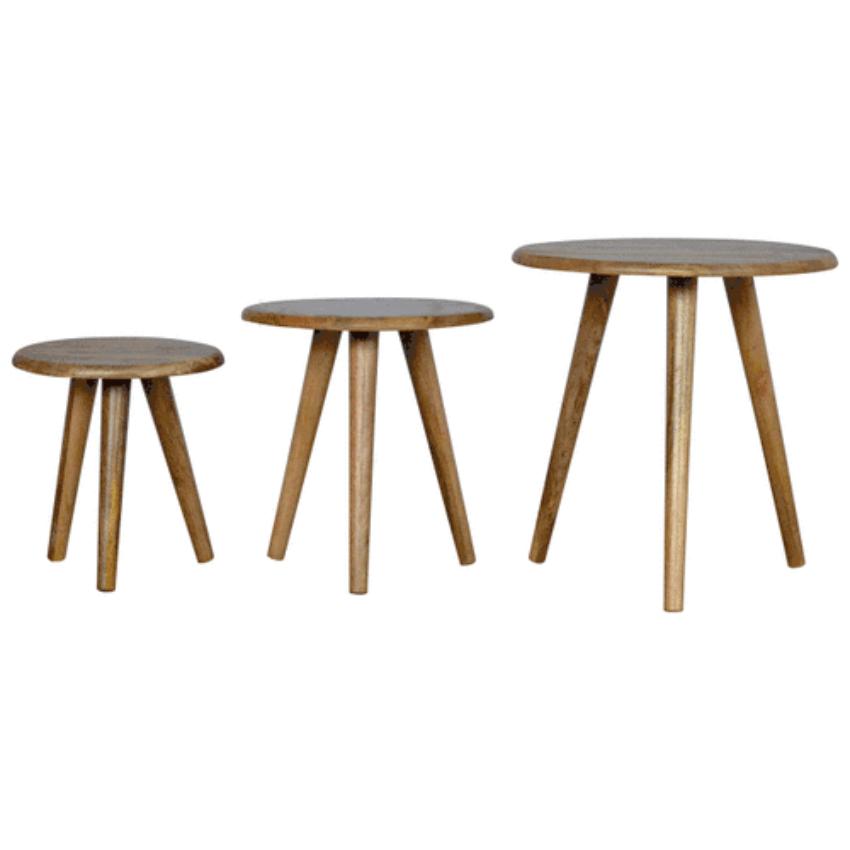 Mango Wood Nesting Stools | Set of 3 | Oak-Style Finish
