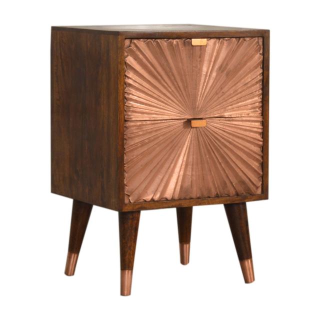 Manila Copper Bedside Table | Solid Mango Wood | Chestnut & Copper Finish | 2 Drawers