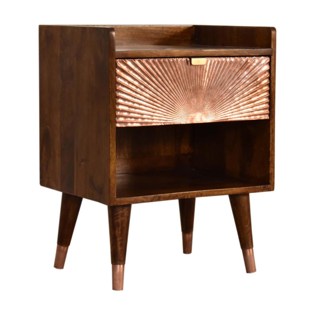 Manila Copper Bedside Table | Solid Mango Wood | Chestnut Finish | 1 Drawer Nightstand with Open Shelf