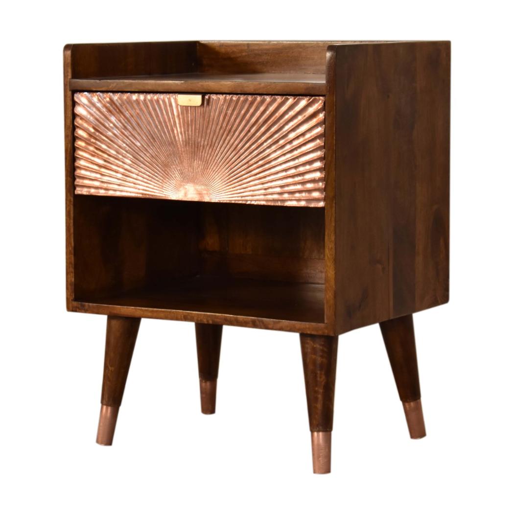 Manila Copper Bedside Table | Solid Mango Wood | Chestnut Finish | 1 Drawer Nightstand with Open Shelf
