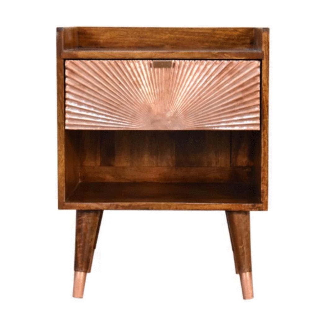 Manila Copper Bedside Table | Solid Mango Wood | Chestnut Finish | 1 Drawer Nightstand with Open Shelf