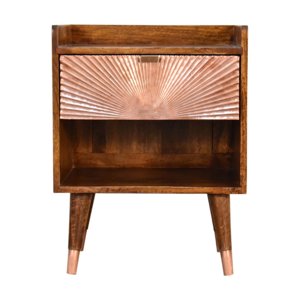 Manila Copper Bedside Table | Solid Mango Wood | Chestnut Finish | 1 Drawer Nightstand with Open Shelf