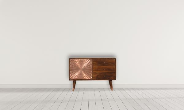Manila Copper Sideboard | Solid Mango Wood | Chestnut & Copper Finish | 1 Door & 3 Drawers