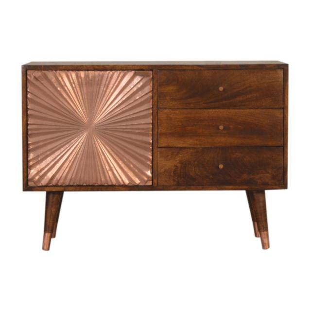 Manila Copper Sideboard | Solid Mango Wood | Chestnut & Copper Finish | 1 Door & 3 Drawers