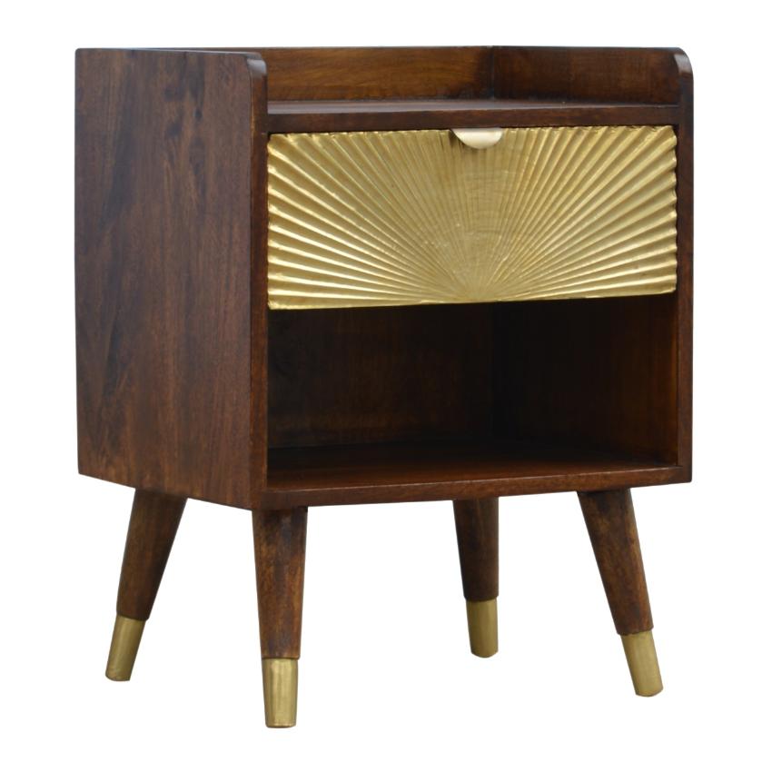 Manila Gold Bedside Table | Chestnut Finish | Brass Sunburst Drawer
