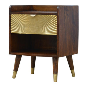 Manila Gold Bedside Table | Chestnut Finish | Brass Sunburst Drawer