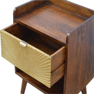 Manila Gold Bedside Table | Chestnut Finish | Brass Sunburst Drawer