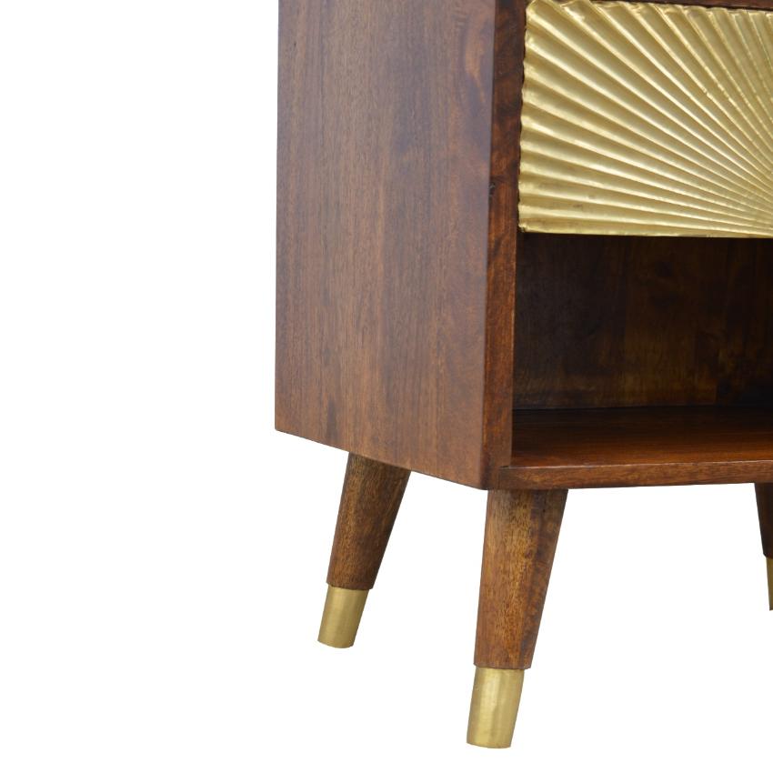 Manila Gold Bedside Table | Chestnut Finish | Brass Sunburst Drawer