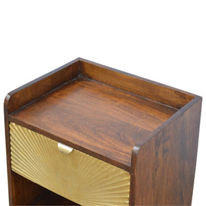 Manila Gold Bedside Table | Chestnut Finish | Brass Sunburst Drawer