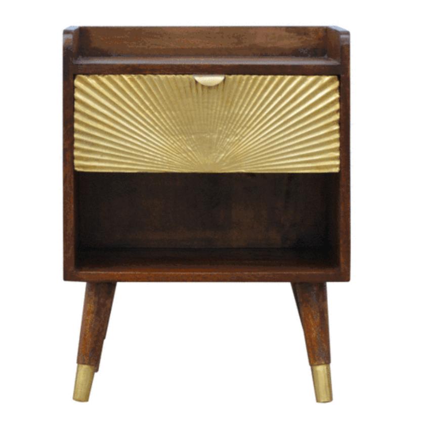 Manila Gold Bedside Table | Chestnut Finish | Brass Sunburst Drawer