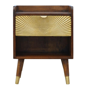 Manila Gold Bedside Table | Chestnut Finish | Brass Sunburst Drawer