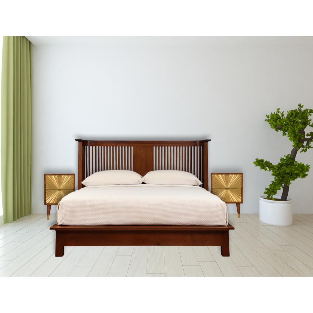 Manila Gold Bedside Table | Solid Mango Wood | Chestnut & Brass Finish | 2 Drawers