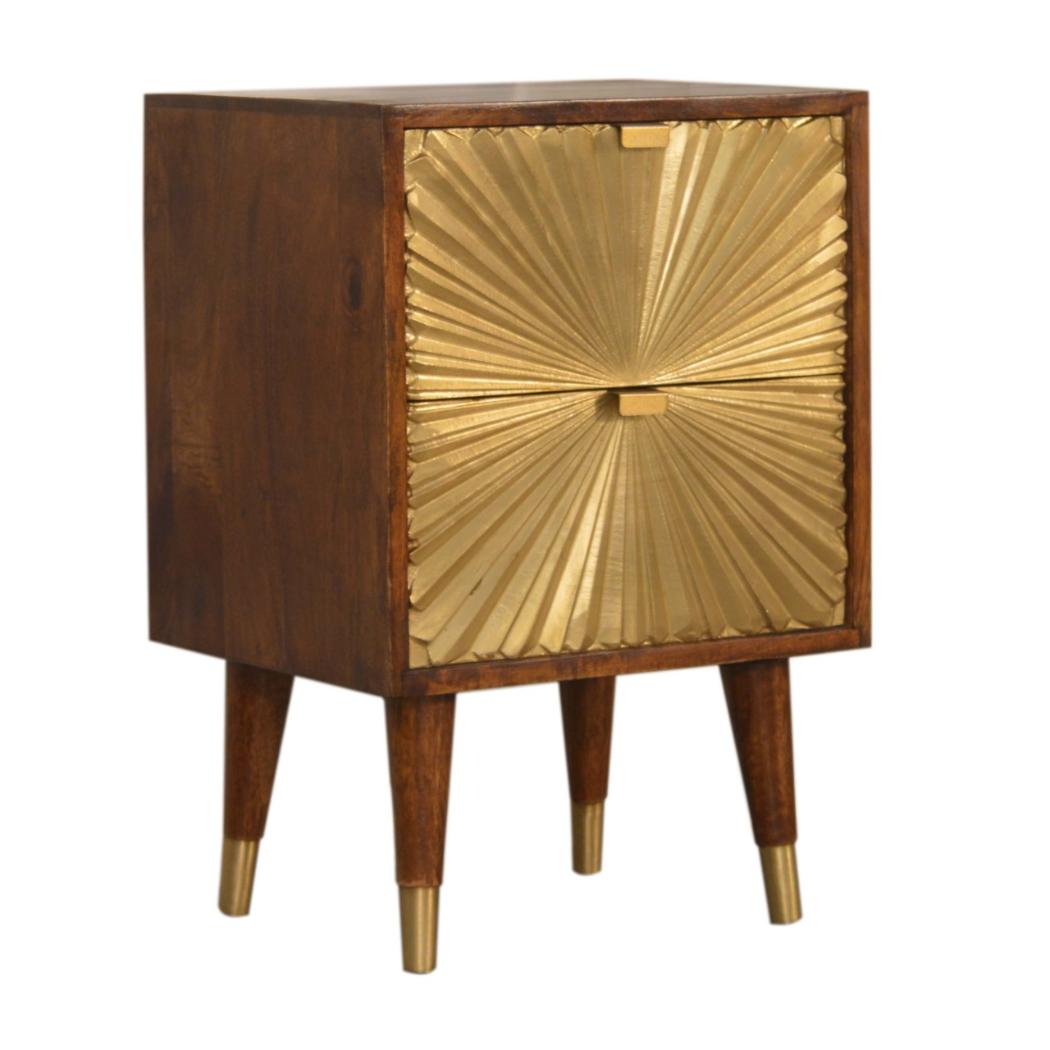 Manila Gold Bedside Table | Solid Mango Wood | Chestnut & Brass Finish | 2 Drawers