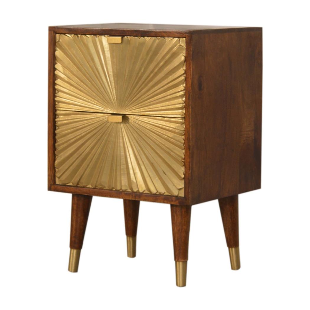 Manila Gold Bedside Table | Solid Mango Wood | Chestnut & Brass Finish | 2 Drawers