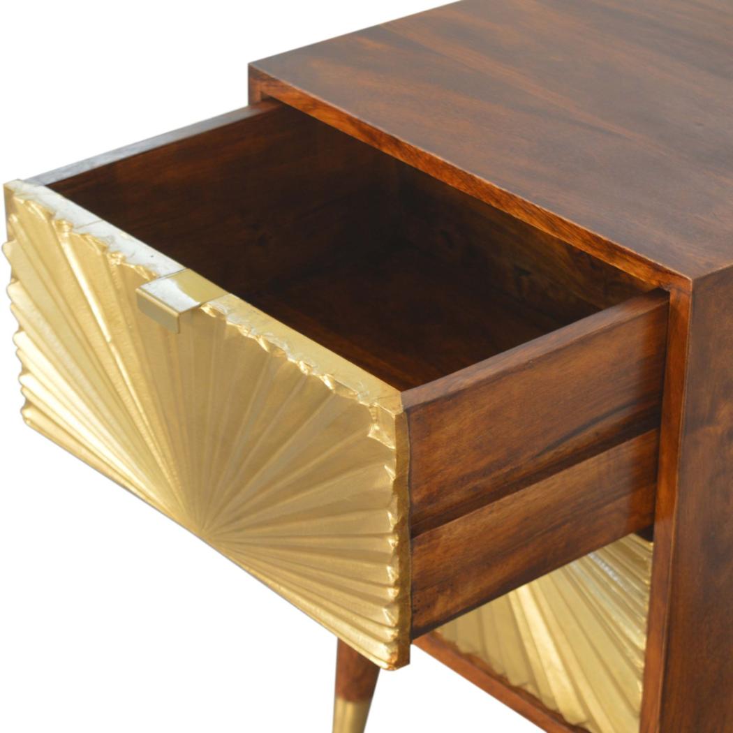 Manila Gold Bedside Table | Solid Mango Wood | Chestnut & Brass Finish | 2 Drawers