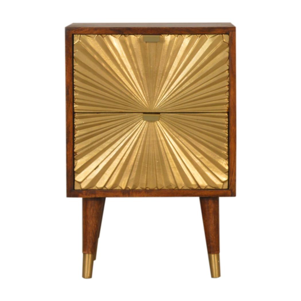 Manila Gold Bedside Table | Solid Mango Wood | Chestnut & Brass Finish | 2 Drawers