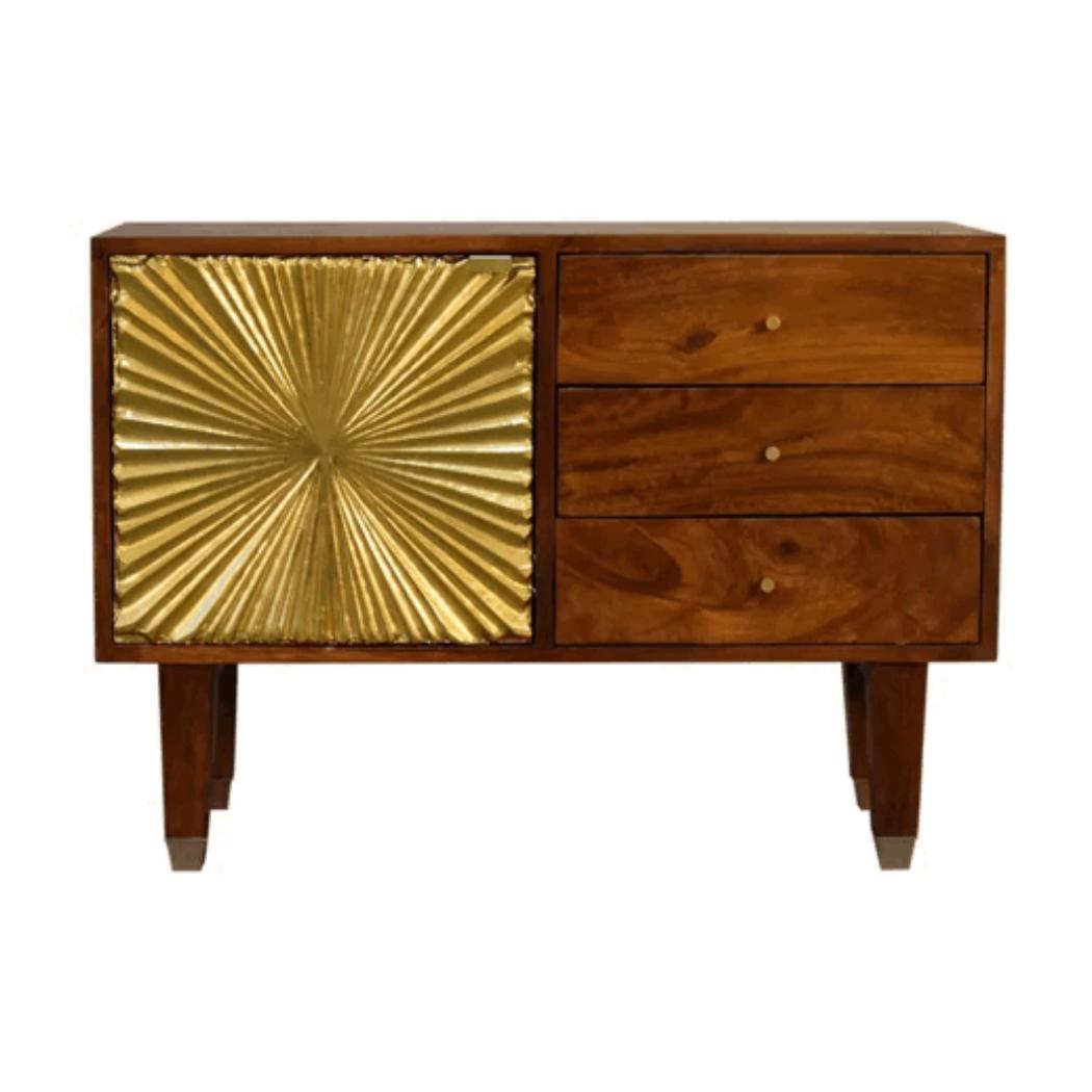 Manila Gold Sideboard | Solid Mango Wood | Brass Cabinet | 3 Drawers