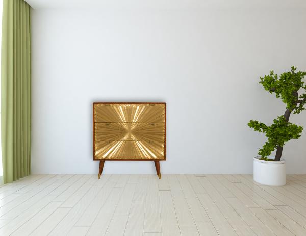 Manila Solar Flare Chest of Drawers | Solid Mango Wood | Chestnut & Brass Finish | 3 Drawers