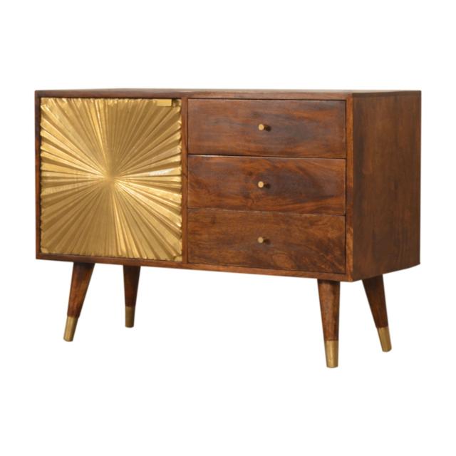 Manila Sunburst Sideboard | Solid Mango Wood | Chestnut & Brass Finish | 1 Door & 3 Drawers